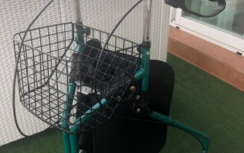 andador plegable de 3 ruedas con mochila y canasto